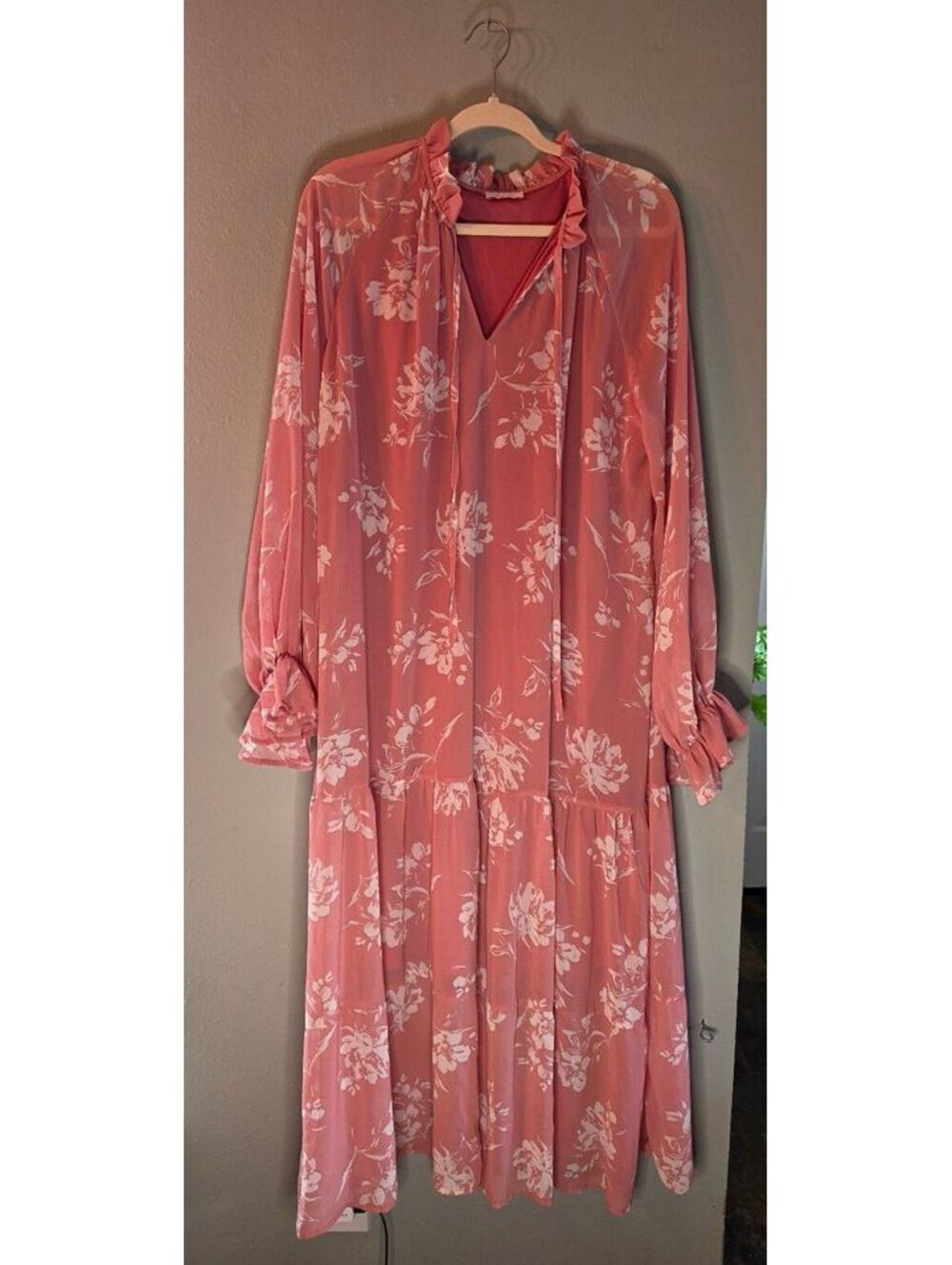 Pink Lily Floral Maxi Dress Women’s XL Coral Ruffle Long Sleeve Tiered